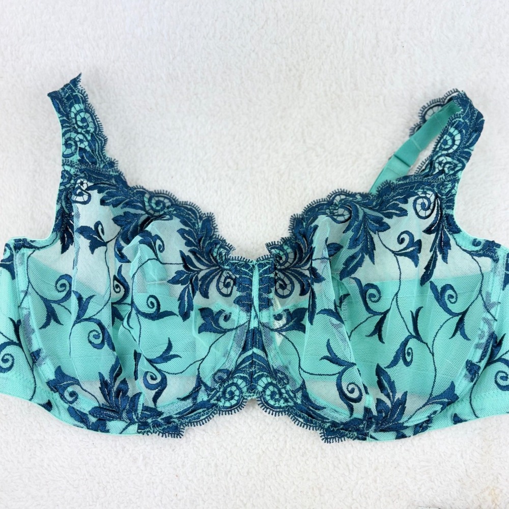 Soma Sensuous Lace‎ Unlined Bra 38D Teal Green Navy Blue Floral Embroidered Mesh